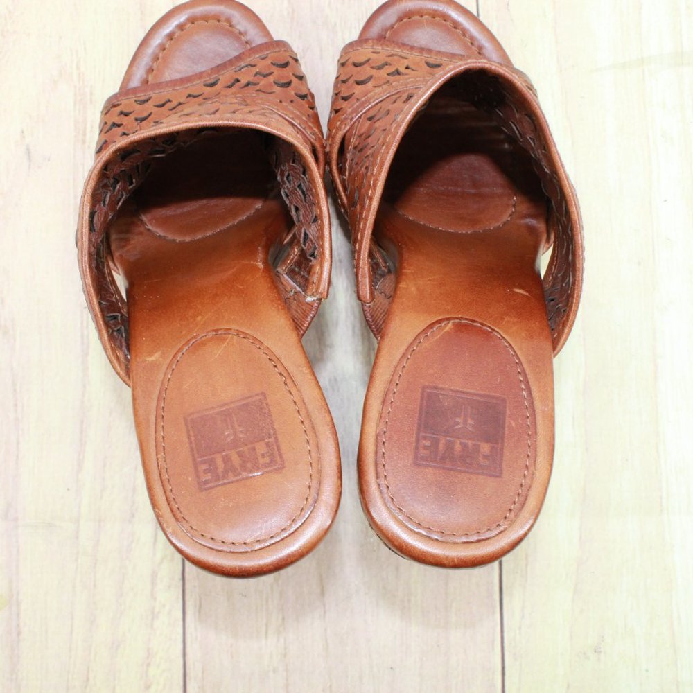 Frye Sage Cut Brown Leather Slip On Platform Heeled Sandals Size 9 Medium - Picture 7 of 9